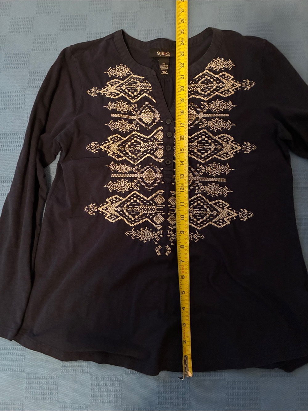 Style & Co. Women’s Navy Long-Sleeve Henley with Cream Embroidery